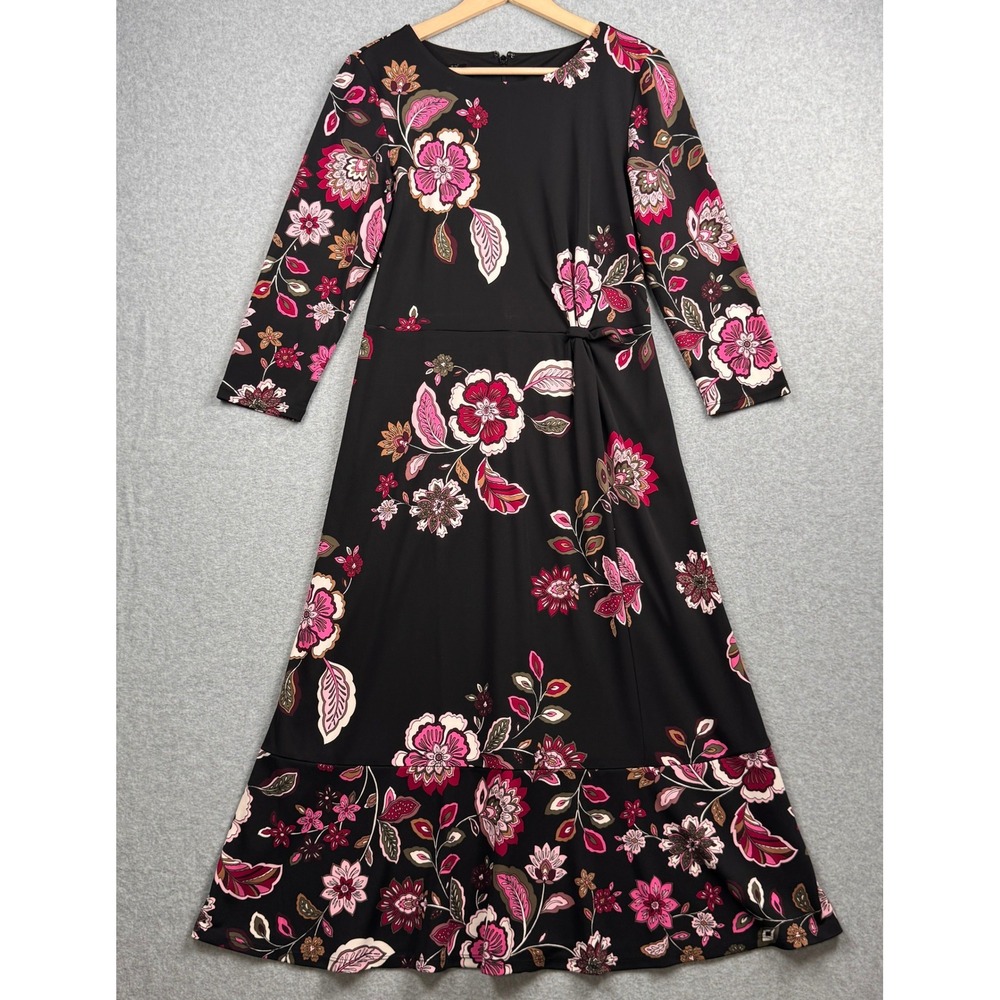 Talbots Floral Midi Dress Womens 8 Black Pink 3/4 Sleeve Side Knot Ruffle Hem